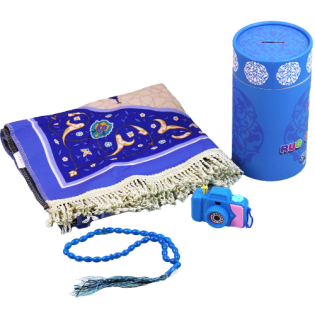 Box of prayer mat, rosary, camera and counter for children